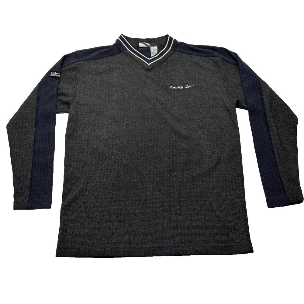 Y2K Retro 90's Vintage Gray w Navy blue sleeves Reebok long sleeve shirt